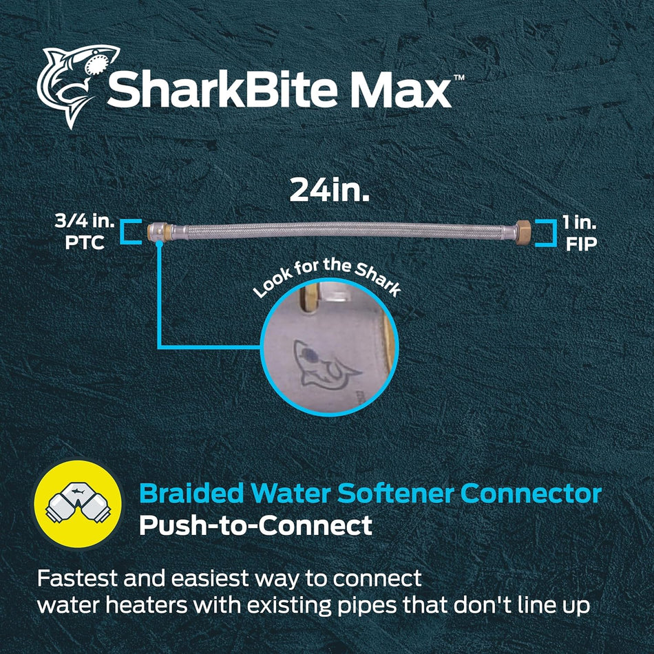 SharkBite Max Conector de suavizador de agua trenzado de latón FIP de 3/4 pulg. x 1 pulg. (24 pulg. de longitud)