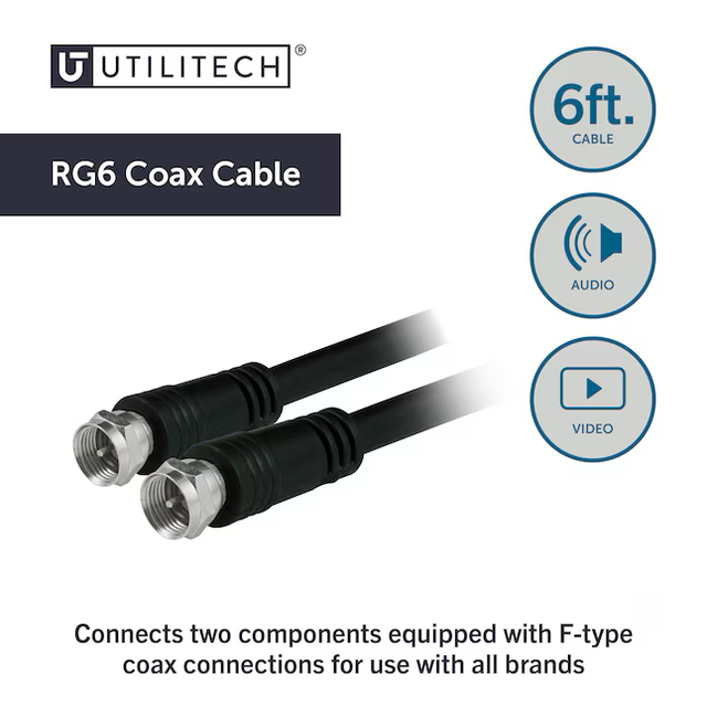 Cable coaxial Utilitech Rg6 negro de 6 pies