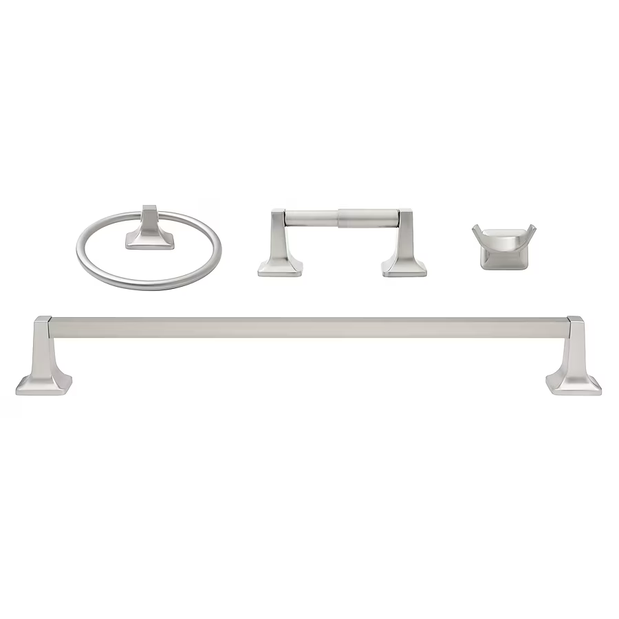 Project Source 4-Piece Seton Brushed Nickel Decorative Bathroom Hardware Set with Towel Bar, Toilet Paper Holder, Towel Ring and Robe Hook