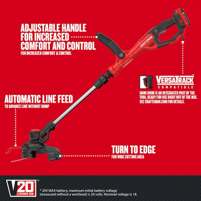 CRAFTSMAN V20 Recortadora de hilo con batería de eje recto de 20 voltios máx., 13 pulgadas, 2 Ah (batería y cargador incluidos)