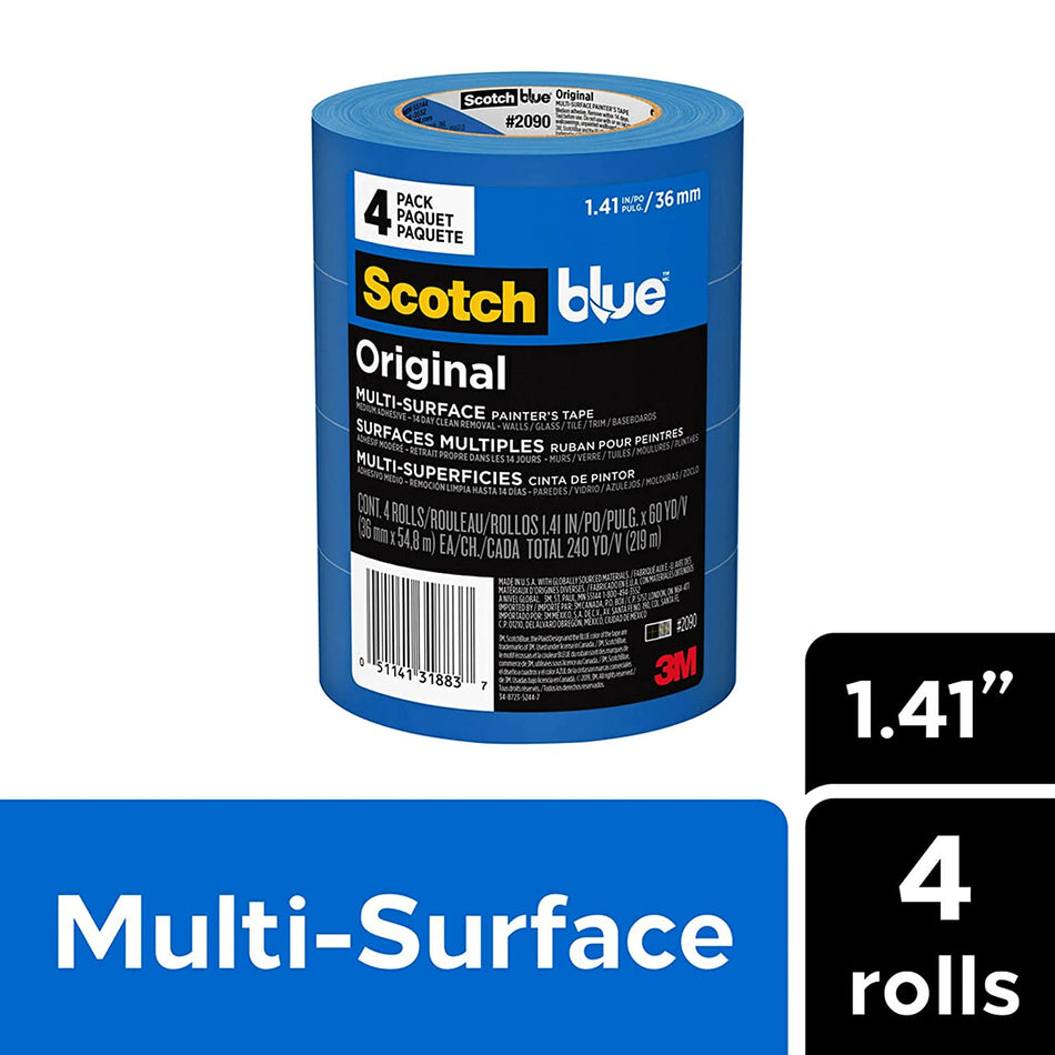 3M 1,41 pulg. x 60 yardas. ScotchBlue Original Cinta de pintor multisuperficie - Paquete de 4