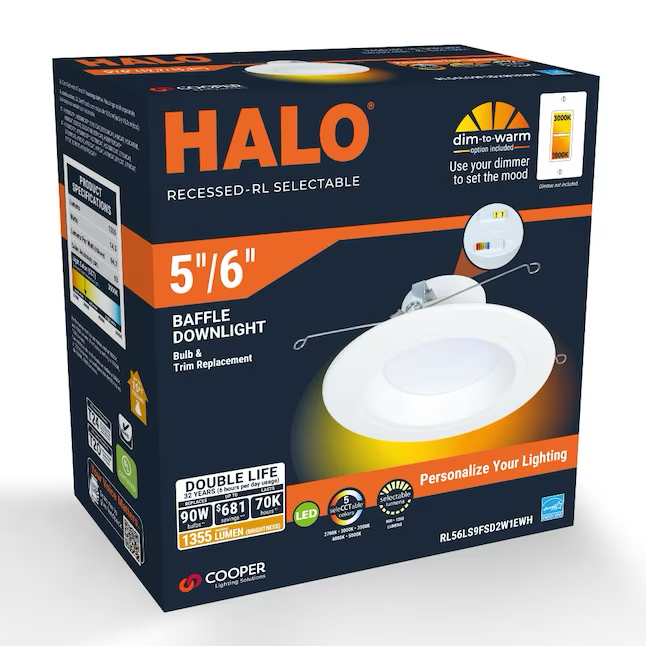 HALO Retrofit Matte White 5-in or 6-in 1355-Lumen Switchable Round Dimmable LED Canned Recessed Downlight