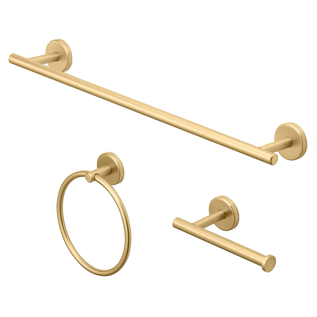 allen + roth 3-Piece Harlow Brushed Gold Decorative Bathroom Hardware Set with Towel Bar,Toilet Paper Holder and Towel Ring