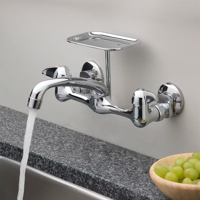 Grifos de cocina Homewerks Worldwide - Grifo de cocina de pared con manija doble cromada (dispensador de jabón incluido)