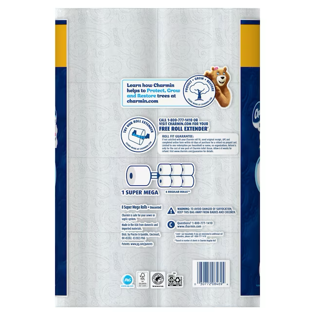 Papel higiénico Charmin Ultra Soft Super Mega, paquete de 8, 2 capas