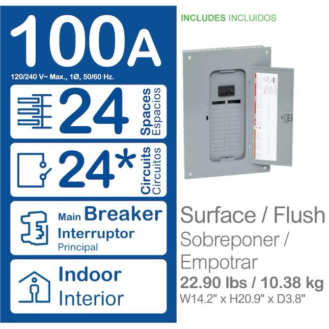 Square D QO 100 amperios, 24 espacios, 24 circuitos, panel de disyuntores principal convertible para interiores, centro de carga neutral enchufable (paquete económico)