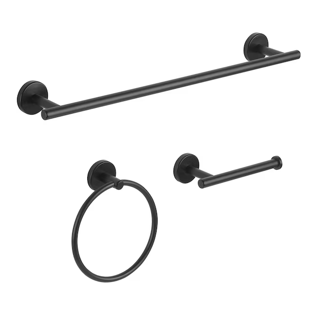 allen + roth 3-Piece Harlow Matte Black Decorative Bathroom Hardware Set with Towel Bar,Toilet Paper Holder and Towel Ring