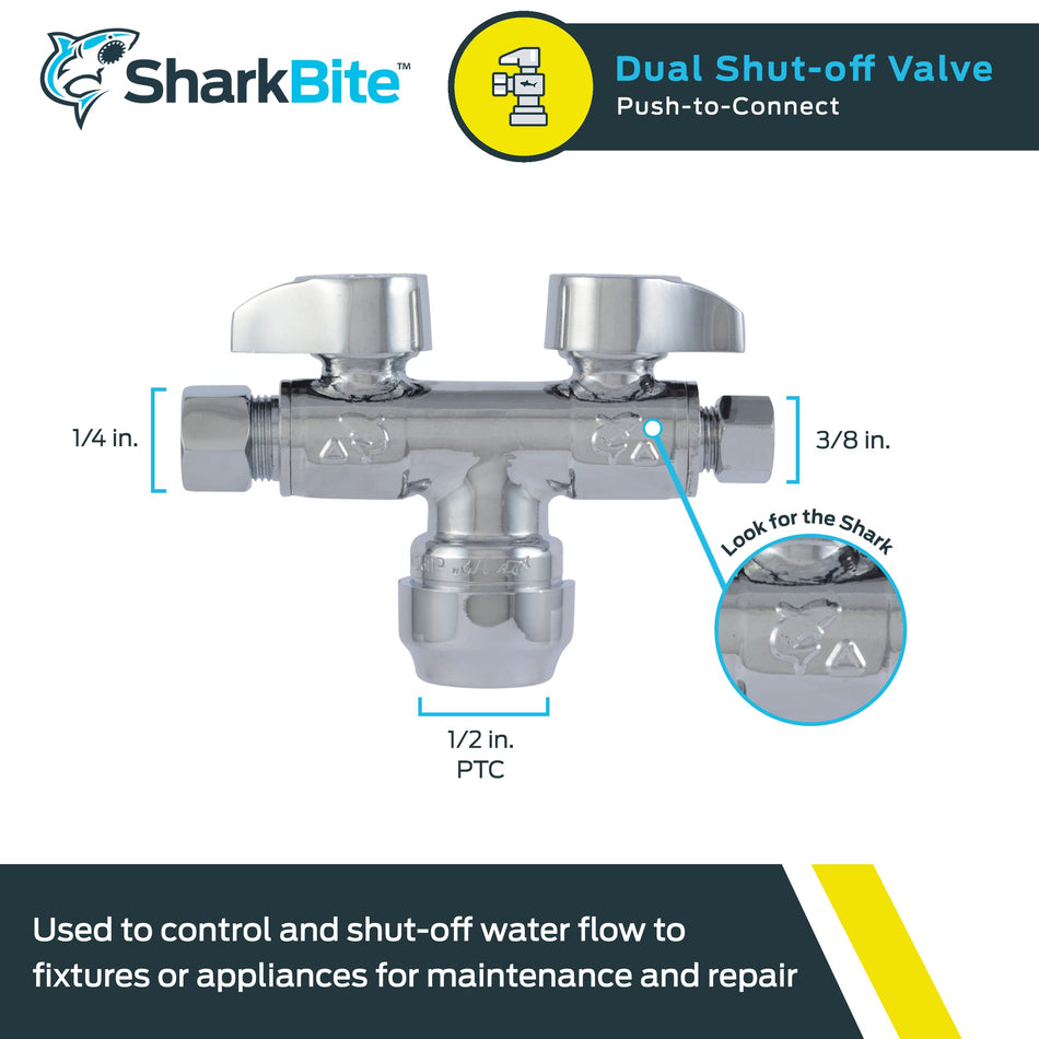 SharkBite 1/2 pulg. x 3/8 pulg. Compresión x 1/4 pulg. Compresión Válvula de cierre doble de latón con empuje