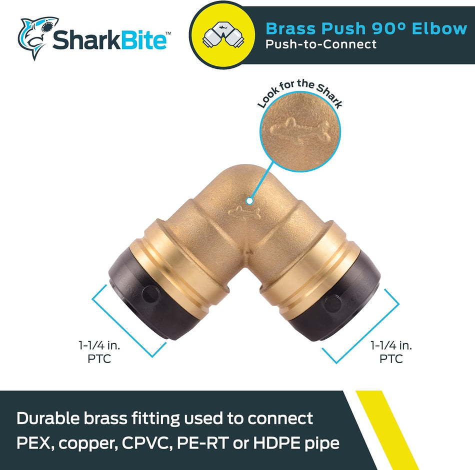 SharkBite 1-1/4 Zoll x 1-1/4 Zoll 90-Grad-Winkelstück aus Messing