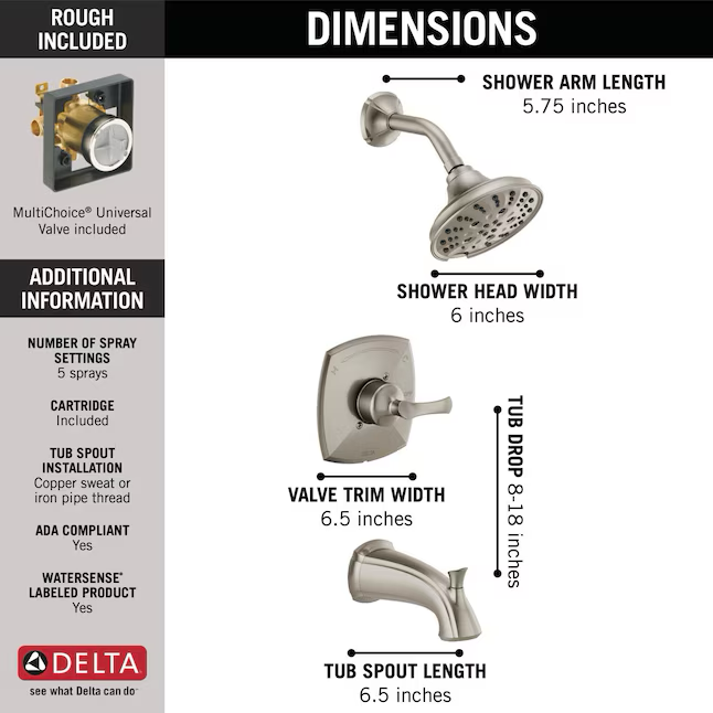 Delta Sandover Spotshield, runder Multifunktions-Badewannen- und Duschhahn mit 1 Griff, gebürstetes Nickel, inklusive Ventil