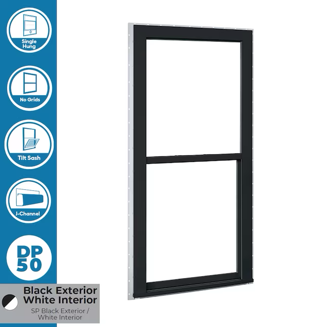 RELIABILT 150 Serie Neubau 35-1/2 Zoll x 35-1/2 Zoll x 3-1/4 Zoll Zarge Schwarzes Vinyl Low-E Einfachfenster Halber Fliegengitter inklusive