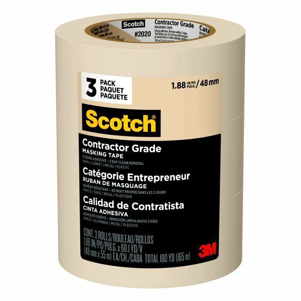 Cinta adhesiva 3M Scotch de grado contratista, 1,88 pulgadas x 60 yardas (paquete de 3)