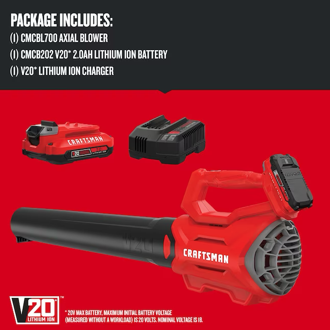 CRAFTSMAN Soplador de hojas de mano con batería de 20 voltios máx. 340 CFM 90 MPH (batería y cargador incluidos)