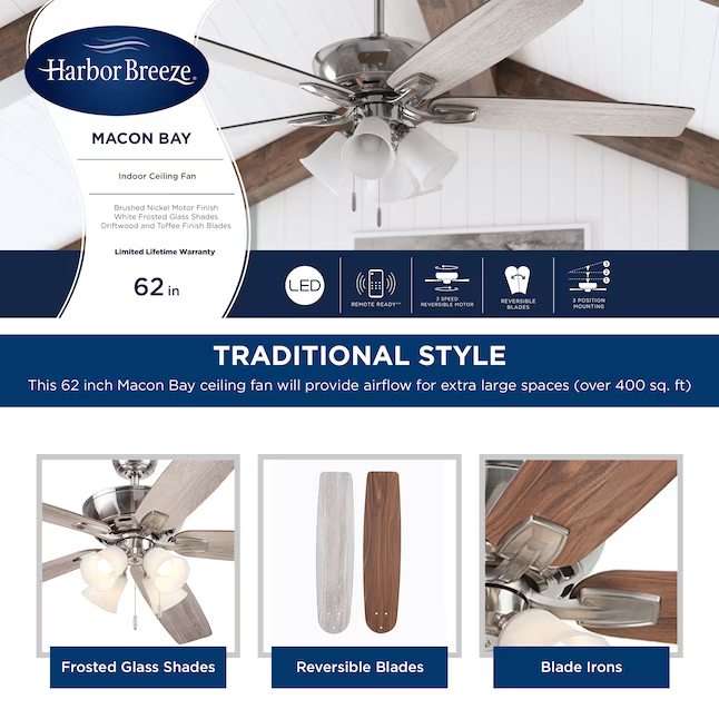 Harbor Breeze Macon Bay 62-in Brushed Nickel Indoor Ceiling Fan with Light (5-Blade)