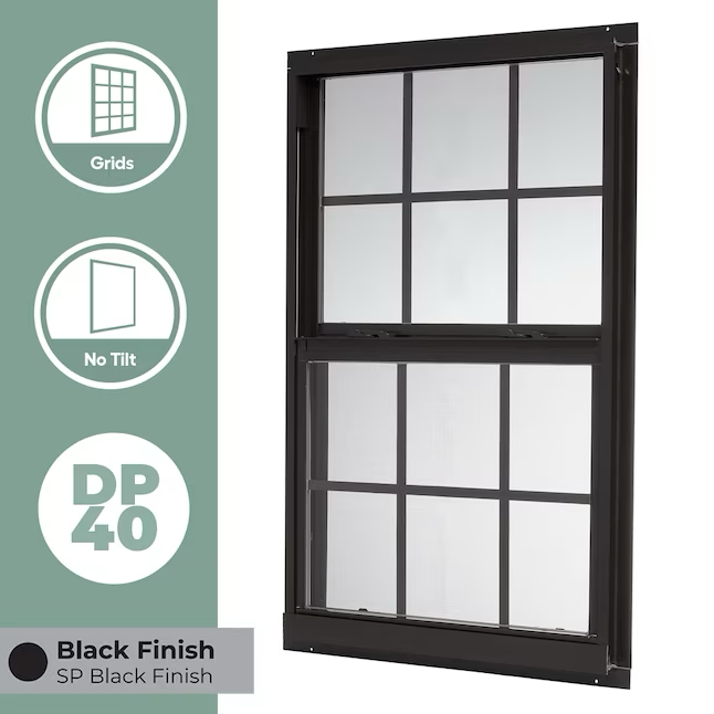 RELIABILT 46000 Series New Construction 35-1/2-in x 47-1/2-in x 2-5/8-in Jamb Black Aluminum Low-e Single Hung Window with Grids Half Screen Included