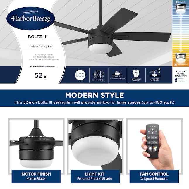 Harbor Breeze Boltz III Easy2Hang 52-in Matte Black Color-changing Indoor Ceiling Fan with Light and Remote (5-Blade)