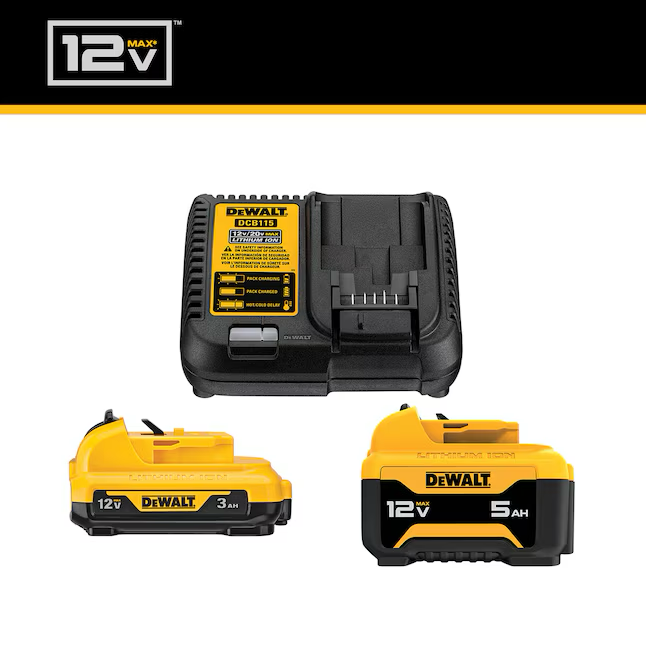 Paquete de 2 baterías y cargador de iones de litio DEWALT de 12 V (3 Ah y 5 Ah)