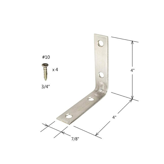 RELIABILT Soporte de esquina de acero inoxidable de calibre 11 de 4 pulgadas x 0,875 pulgadas x 4 pulgadas (paquete de 4)