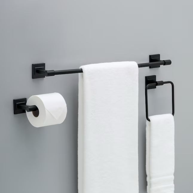 Juego de accesorios decorativos para baño de 3 piezas Mclaren de Delta en negro mate con barra para toallas, soporte para papel higiénico y aro para toallas