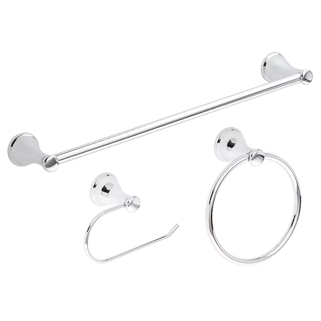 Style Selections 3-Piece Bailey Chrome Decorative Bathroom Hardware Set with Towel Bar,Toilet Paper Holder and Towel Ring