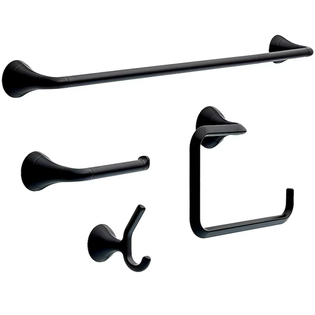 Juego de accesorios decorativos para baño Delta Eldren de 4 piezas en negro mate con soporte para papel higiénico, aro para toallas y gancho para bata