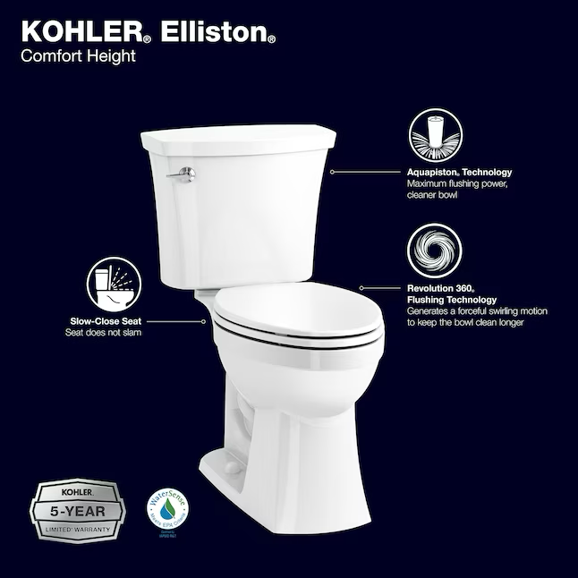 Inodoro KOHLER Elliston blanco alargado con altura de silla, 2 piezas, WaterSense, cierre suave, 12 pulgadas, empotrable, 1,28 GPF