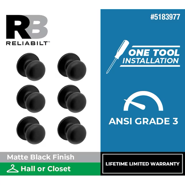 RELIABILT Baron Matte Black Interior Hall/Closet Passage Door Knob Contractor Pack (6-Pack)