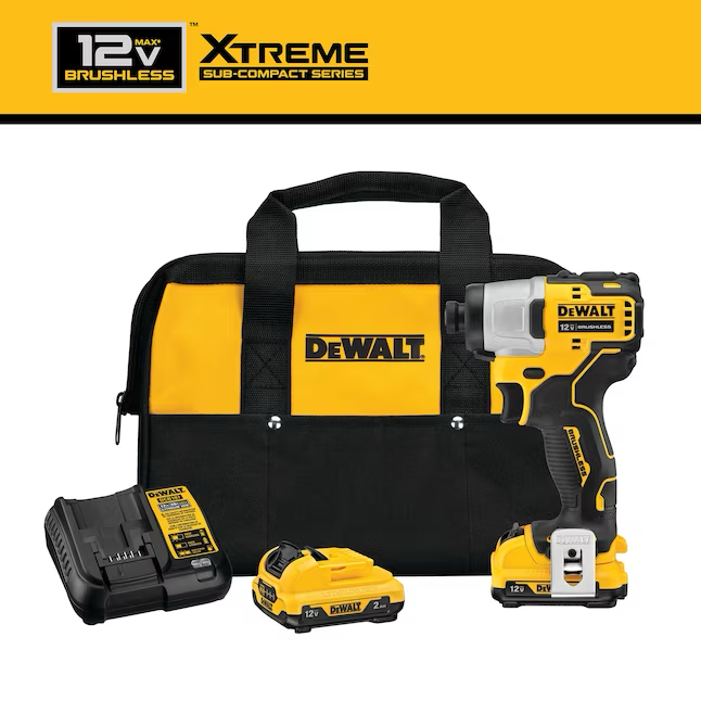 DEWALT XTREME 12-Volt Max 1/4-Zoll bürstenloser Akku-Schlagschrauber (2 Akkus im Lieferumfang enthalten, Ladegerät im Lieferumfang enthalten und weiche Tasche im Lieferumfang enthalten)