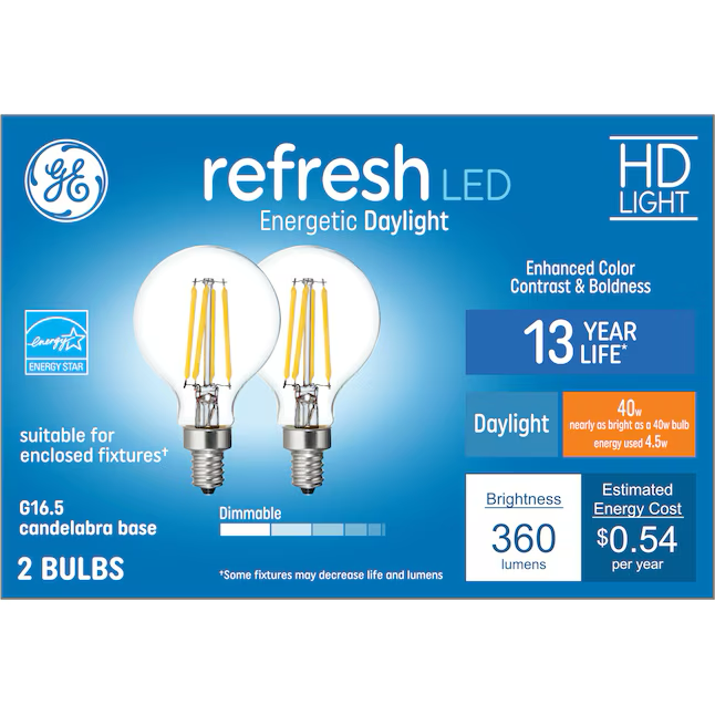 GE 40-Watt EQ G16.5 Tageslicht-Kandelabersockel (E-12) dimmbare LED-Glühbirne (2er-Pack)