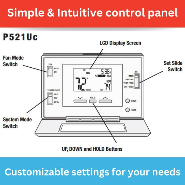 LuxPro P521U Programmable 5-2 Day Thermostat, 2H/1C