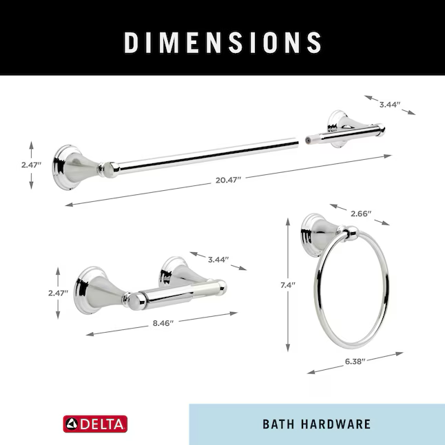 Delta 3-teiliges Windemere Badezimmer-Hardware-Set aus poliertem Chrom mit Handtuchstange, Toilettenpapierhalter und Handtuchring