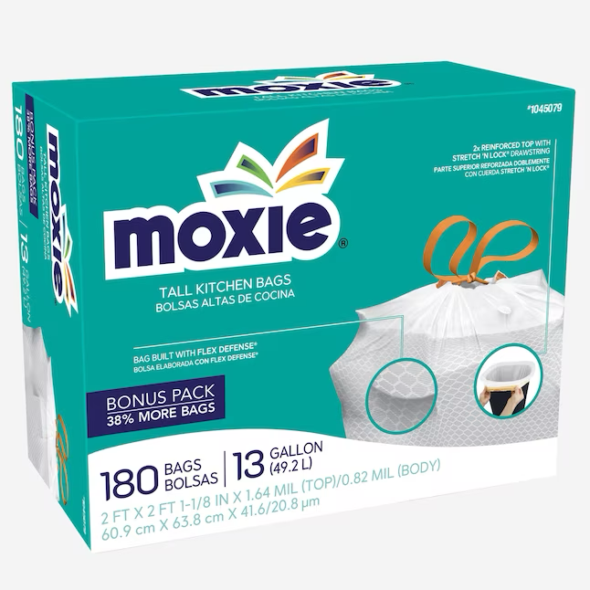 MOXIE 13 Gallonen weißer Müllbeutel aus Kunststoff mit Kordelzug für die Küche (180 Stück)