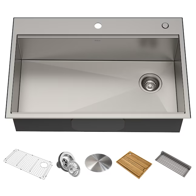 Kraus Kore Workstation Dual-mount 33-in x 22-in Stainless Steel Single Bowl 2-Hole Workstation Kitchen Sink