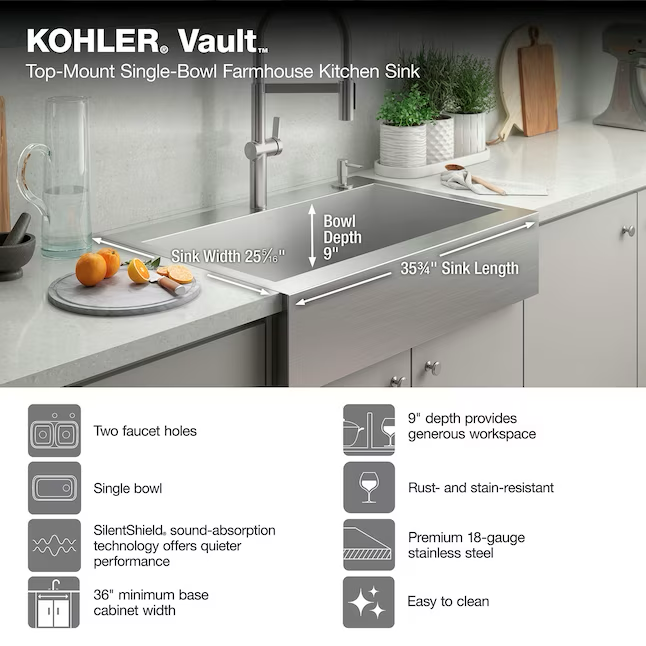 KOHLER Vault Farmhouse Apron Front 35.75-in x 24.31-in Stainless Steel Single Bowl 2-Hole Kitchen Sink