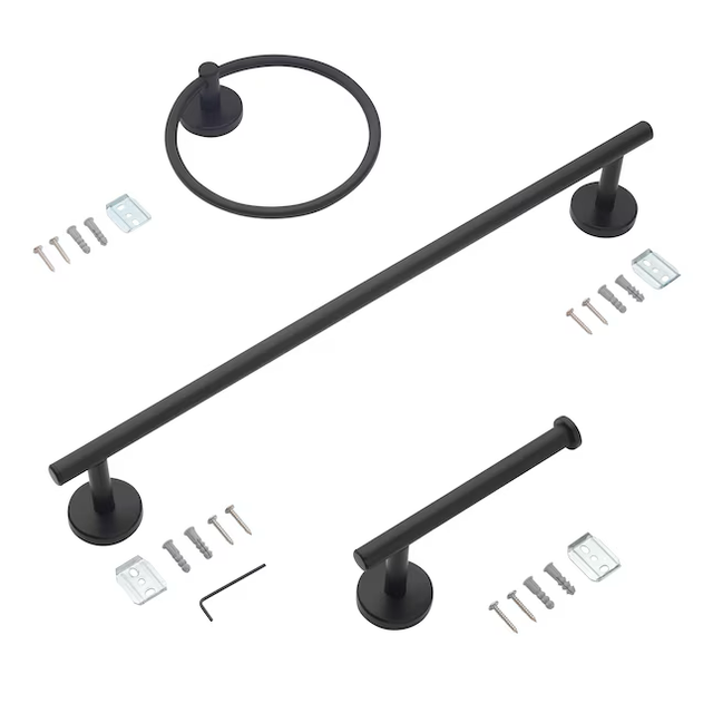 allen + roth 3-Piece Harlow Matte Black Decorative Bathroom Hardware Set with Towel Bar,Toilet Paper Holder and Towel Ring