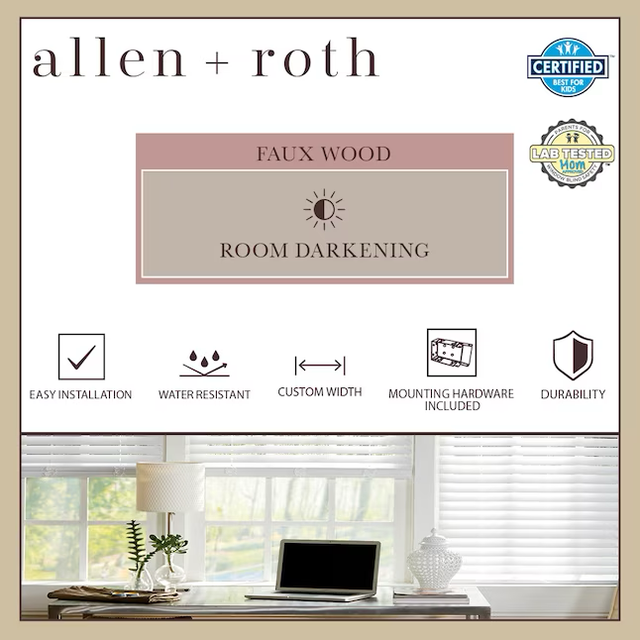 allen + roth Trim at Home 2-in Slat Width 47-in x 48-in Cordless White Faux Wood Room Darkening Horizontal Blinds