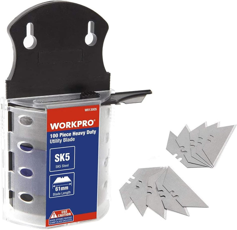 Cuchillas para cuchillos multiusos WORKPRO, acero SK5, paquete de 100 con dispensador 