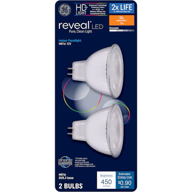 GE Reveal HD 50-Watt EQ MR16 Farbverstärkende dimmbare LED-Glühbirne mit G5.3-Sockel (2er-Pack) 