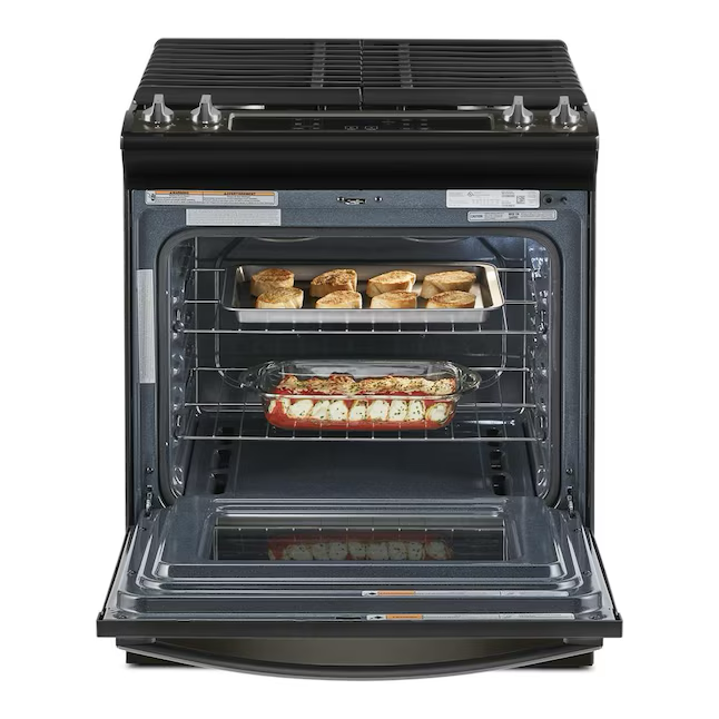 Whirlpool 30-in 4 Burners 5-cu ft Self-cleaning Slide-in Natural Gas Range (Fingerprint Resistant Black Stainless Steel)