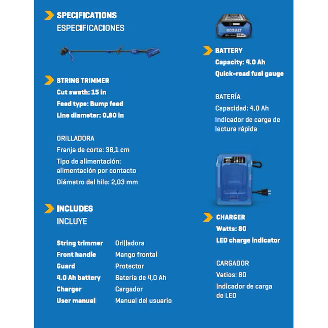 Kobalt Gen4 Recortadora de hilo con batería de eje recto de 40 voltios, 15 pulgadas, 4 Ah (batería y cargador incluidos)