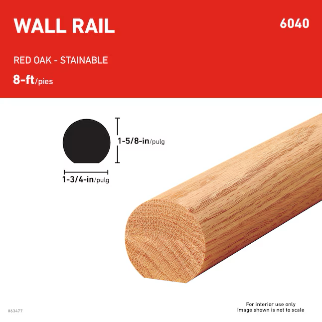 Riel de pared de madera de roble rojo sin terminar de 1,75 x 96 pulgadas