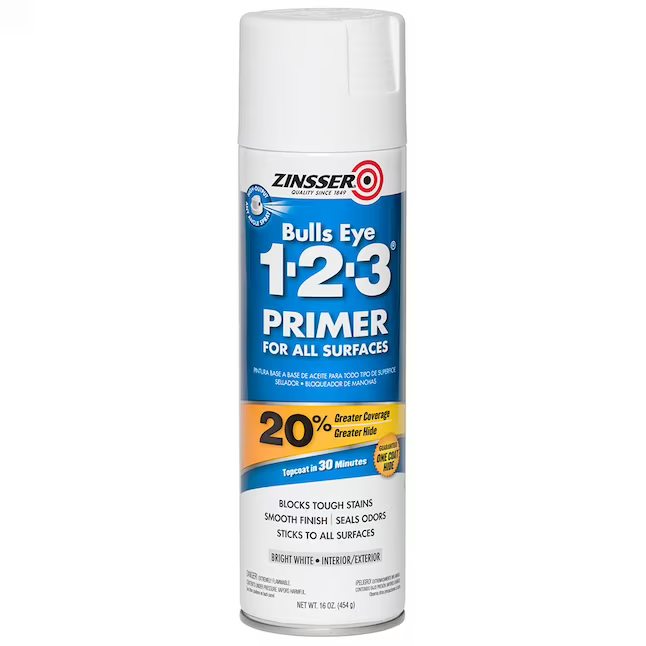 Zinsser Bulls Eye 1-2-3 Imprimación multiusos para paredes y techos a base de alcohol para interiores y exteriores (aerosol)