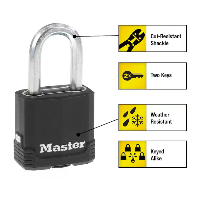 Robustes Vorhängeschloss mit Schlüssel für den Außenbereich von Master Lock, 1-7/8 Zoll breit x 1-1/2 Zoll Bügel, gleichschließend (4er-Pack)