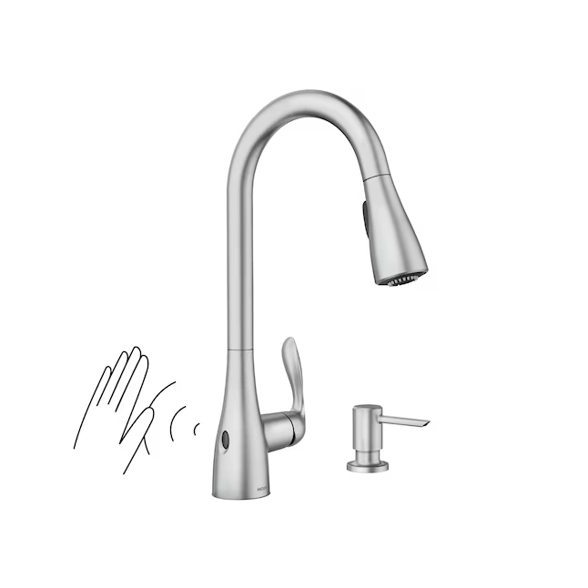 Moen Georgene Spot Resist Stainless Single Handle Pull-down Touchless Kitchen Faucet with Deck Plate and Soap Dispenser Included