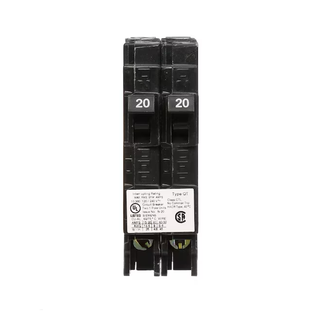 Disyuntor en tándem de 1 polo Siemens QT de 20 amperios/20 amperios