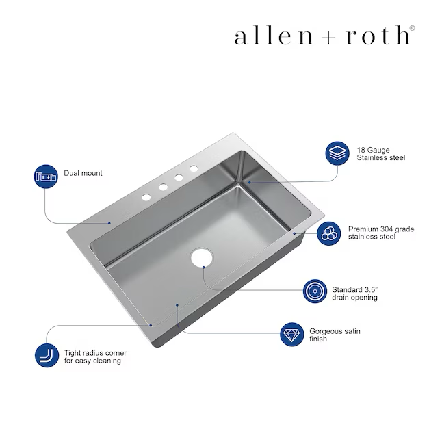 Allen + Roth The Theo Dual-mount 33-in x 22-in Stainless Steel Single Bowl 4-Hole Kitchen Sink