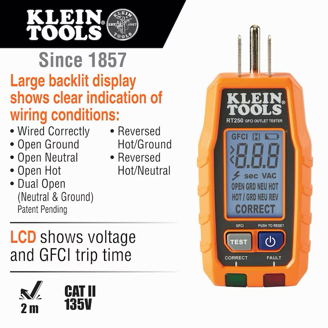 Klein Tools GFCI Outlet Tester Lcd Display Receptacle Tester Specialty Meter 120-Volt