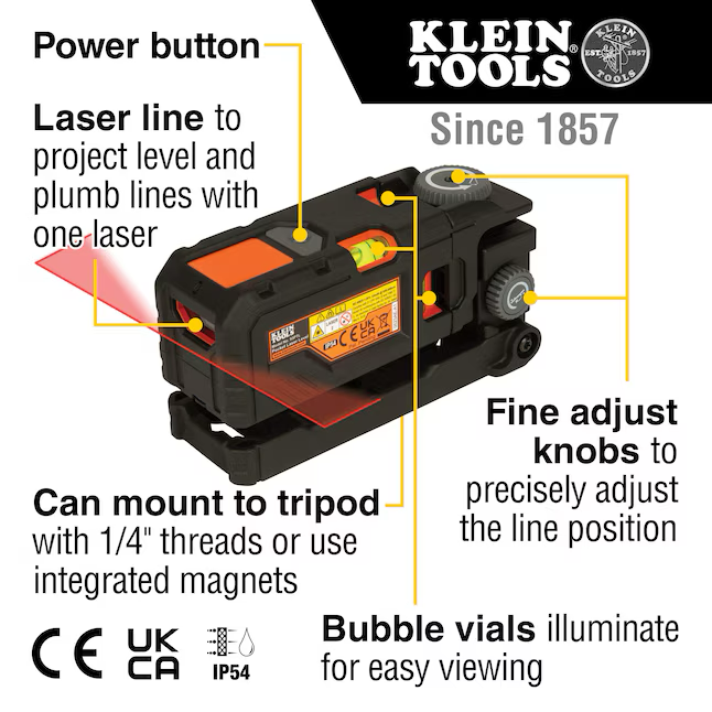 Klein Tools Nivel láser rojo con generador de líneas de haz lineal para interiores y exteriores de 35 pies (accesorios incluidos)