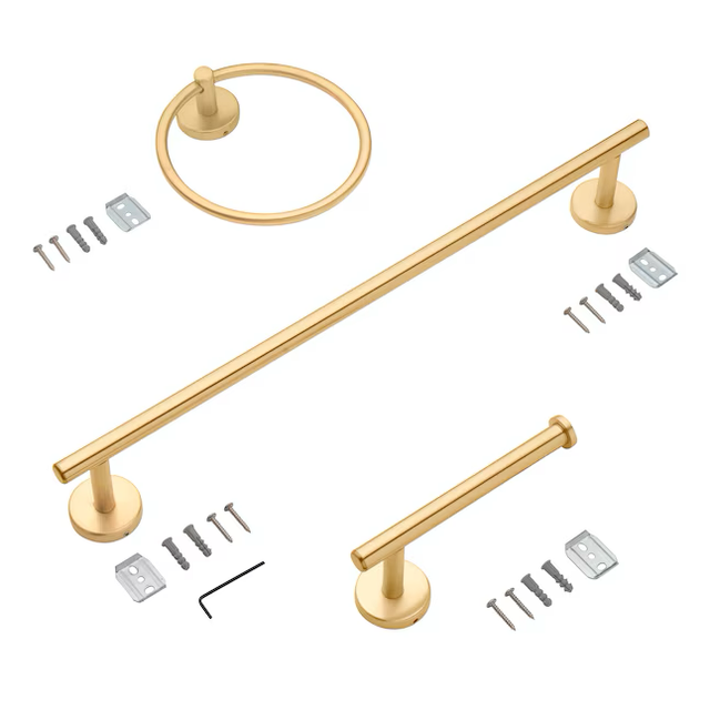 allen + roth 3-Piece Harlow Brushed Gold Decorative Bathroom Hardware Set with Towel Bar,Toilet Paper Holder and Towel Ring