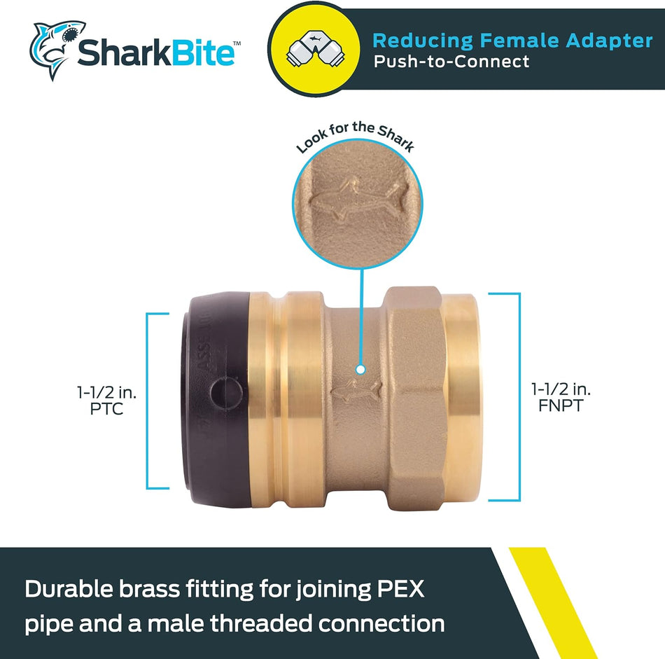 Adaptador hembra de empuje de latón FNPT SharkBite de 1-1/2 pulg. x 1-1/2 pulg.